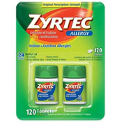 Zyrtec 24 Hour Allergy Relief Antihistamine Cetirizine HCl 10 mg, 120 Tablets